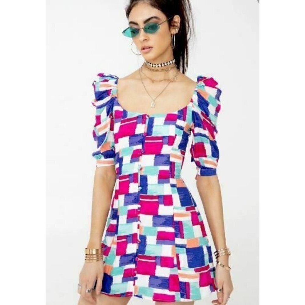 New Vanessa Mooney Cherry Mini Dress Womens XS Puff Sleeves Button Front